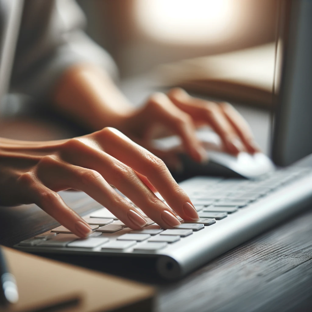 Des mains sur un clavier gérant des dossiers administratifs.